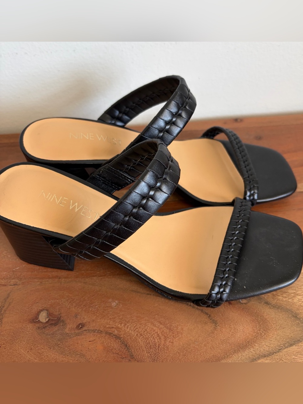 Nine West Black Braided Block Heels Square Toe Mules 6M